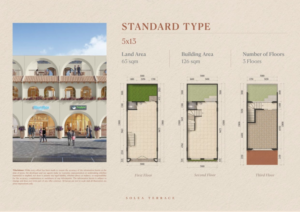 facade dan denah layout ruko solea terrace tipe 3 lantai standard 5x13