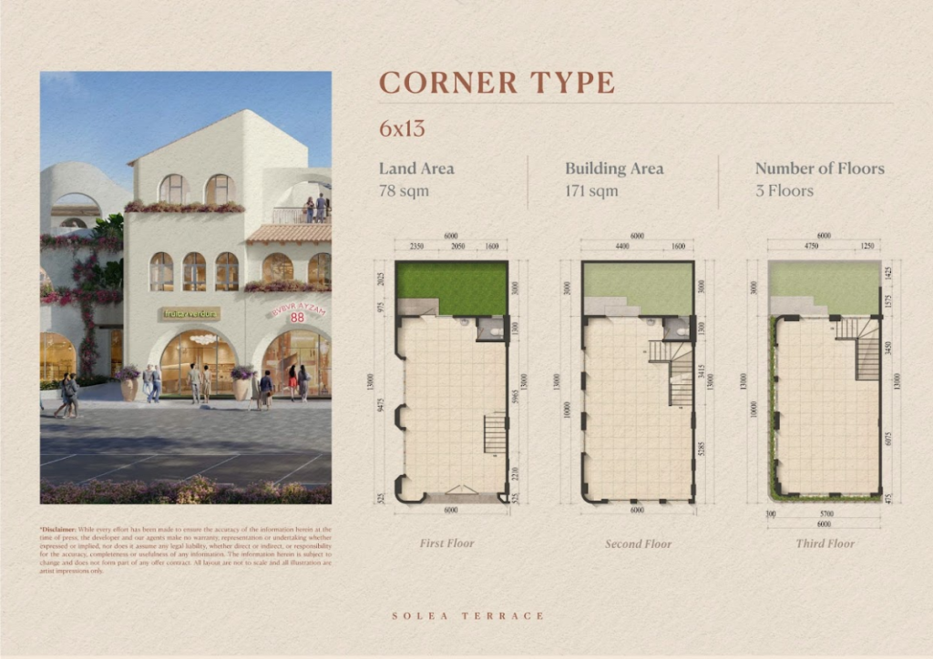 facade dan denah layout ruko solea terrace tipe 3 lantai corner 6x13